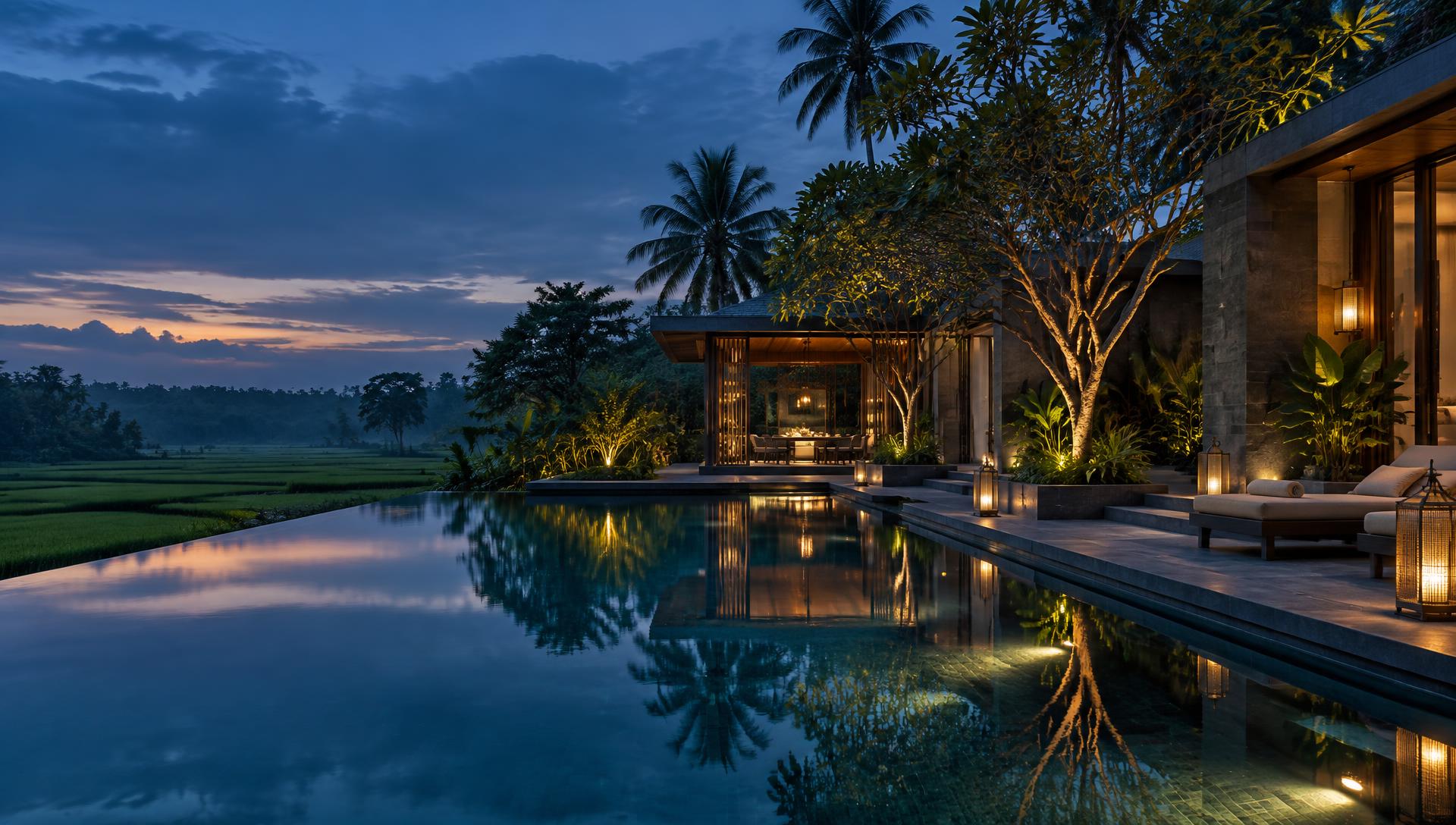 Resort pool at blue hour