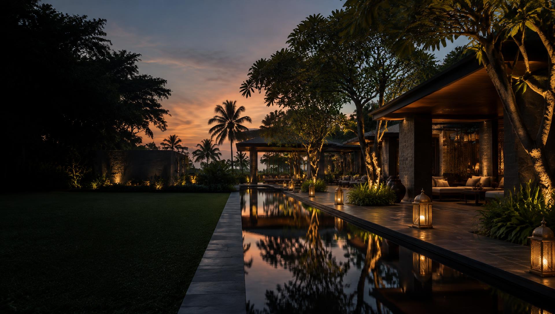 Resort courtyard illuminated at sunset